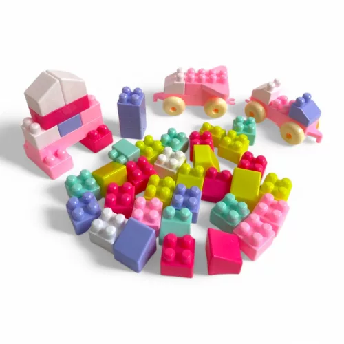 Építőkocka készlet húzós kocsival, 55 db, 25x17 cm.