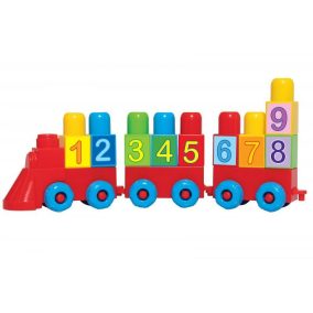   Építő készlet vonat formában, színes és számos elemekkel.