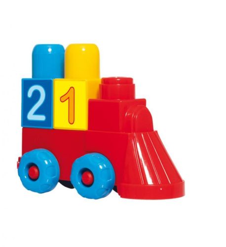 Építő készlet vonat formában, színes és számos elemekkel.