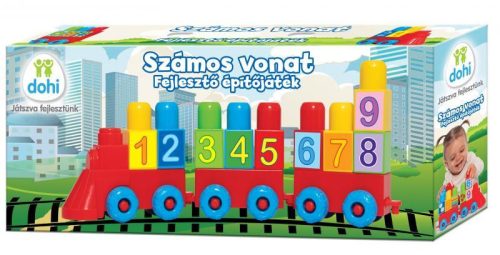 Építő készlet vonat formában, színes és számos elemekkel.