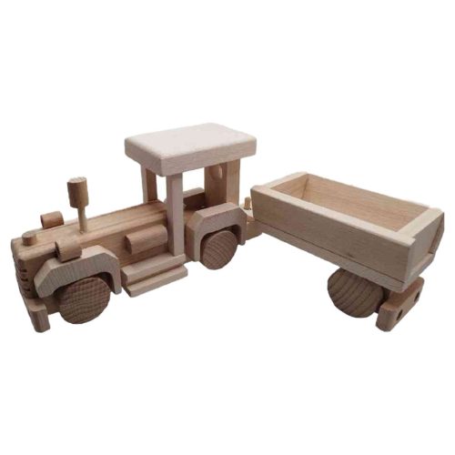 Fa traktor pótkocsival, 38 cm, színes és tartós játék.