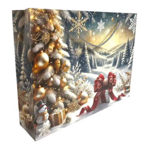 Papírtasak, hóember, ajándék, havas táj, XM, 37x29 cm