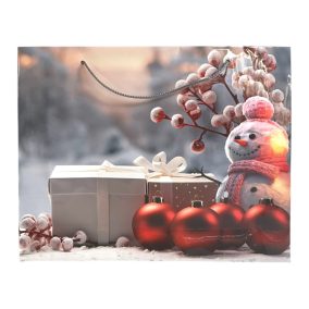 Papírtasak, hóember, piros gömbök, XM, 37x29 cm