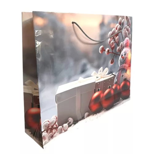 Papírtasak, hóember, piros gömbök, XM, 37x29 cm