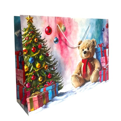 Papírtasak, maci, karácsonyfa, XM, 49x35 cm