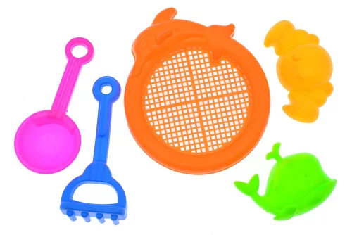 Homokozó készlet: szita, eszközök, formák, 16x16 cm méretben.