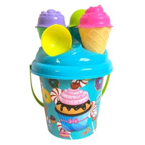   Homokozó klt., vödör, fagylaltos, 3 tölcsér + eszk., 2 szín, 15x25 cm hálós