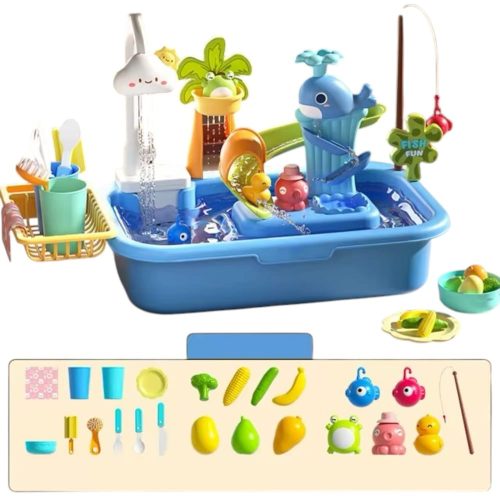 Vízimóka asztal klt., el.,golyópálya, + sok kieg., 43x29 cm dob.