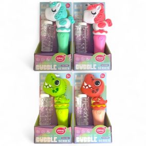   Buborékfújó klt., el., vil., dínó / unikornis forma, + 120 ml-es, 2 szín, 13x26 cm dob.