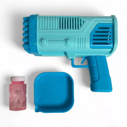 Buborékfújó pisztoly, el., vil. + 50 ml-es, 2 szín, 21x21 cm dob.