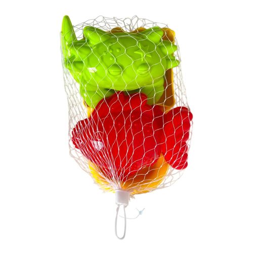 Homokozó klt., 4 forma + markoló lapát, 2 szín, 20x16 cm hálós