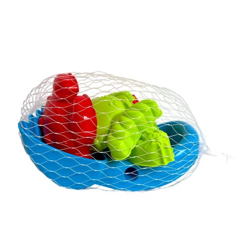 Homokozó klt., 4 forma + markoló lapát, 2 szín, 20x16 cm hálós