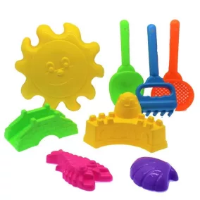   Homokozó készlet: 3 db eszköz, 5 forma, bástya napernyővel.