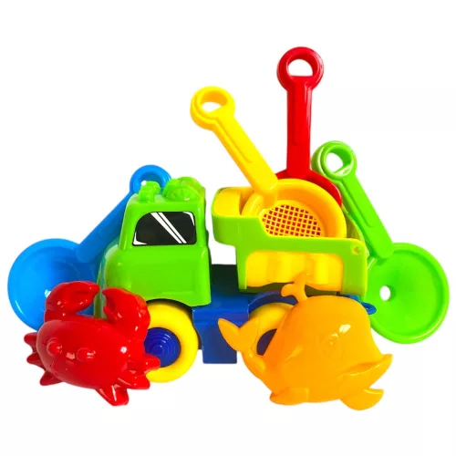 Homokozó klt., teherautó + eszközök, 18x16 cm hálós