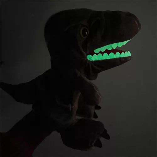 Kézibáb, plüss dínó, tömött, sötétben vil. a foga,T-Rex, 25x15 cm