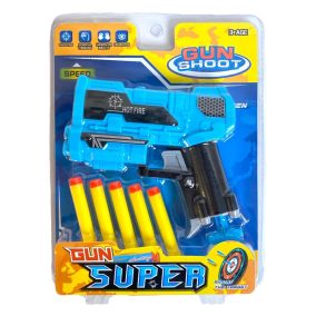   Szivacs lövedék kilövő pisztoly klt., 5 lövedék, 2 szín, 20x26 cm lapon