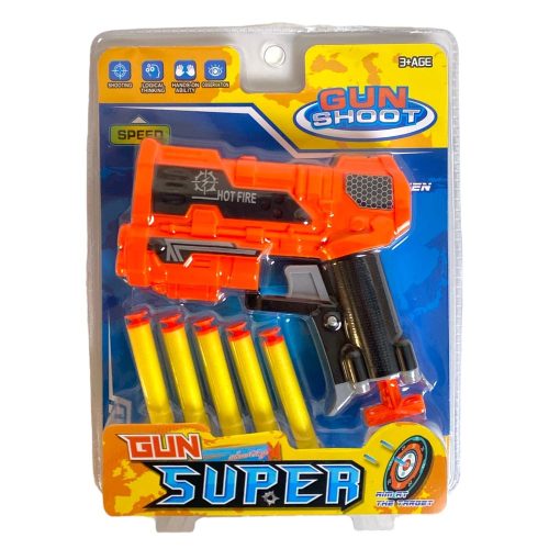 Szivacs lövedék kilövő pisztoly klt., 5 lövedék, 2 szín, 20x26 cm lapon