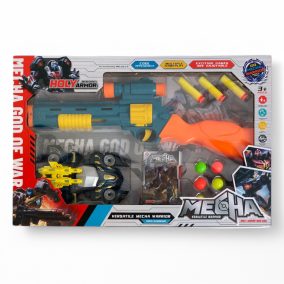   Szivacs lövedék kilövő pisztoly klt., 3 db lövedék, + robottá alakítható autó, kieg.,  45x13 cm dob.