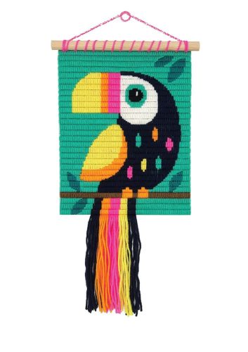 Makramé fali dísz készlet tukán mintával, DIY kreatív szett.