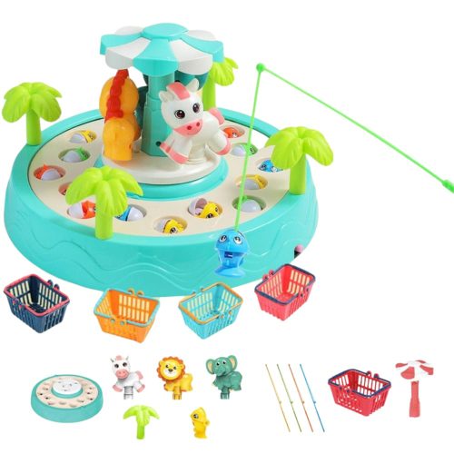 Horgász játék, el., 4 személyes, vadállatos körforgó,+ kosarak, 2 szín, 39x29 cm dob.