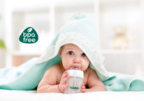 NENO Etető- és tanulócumisüveg fogantyúval és szívórendszerrel, hasfájás elleni hatással, 240 ml
