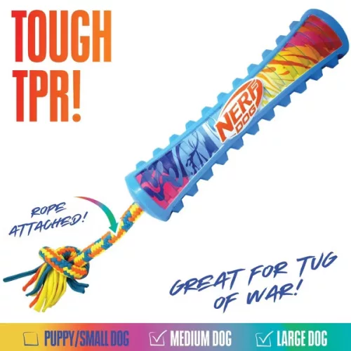 NERF DOG Kutyajáték sípoló húzó színes fogantyúval és textil kötéllel 29 cm