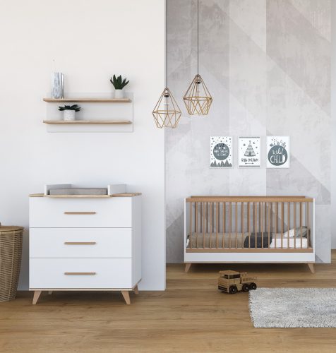 Faktum FLIP White & Oak babaszoba szett, babaágy 120-as, pelenkázó komód, falipolc