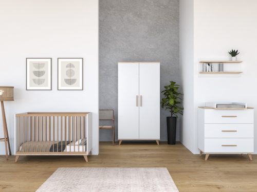 Faktum FLIP White & Oak babaszoba szett, babaágy 140-es, pelenkázó komód, szekrény, falipolc