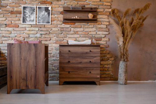 Faktum Nest Walnut babaszoba szett, babaágy 120-as, pelenkázó komód, falipolc